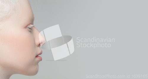 Image of Close up portrait of beautiful albino woman isolated on studio background. Beauty, fashion, skincare, cosmetics concept. Details.