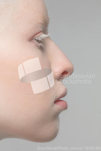 Image of Close up portrait of beautiful albino woman isolated on studio background. Beauty, fashion, skincare, cosmetics concept. Details.