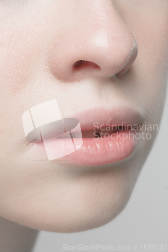 Image of Close up portrait of beautiful albino woman isolated on studio background. Beauty, fashion, skincare, cosmetics concept. Details.