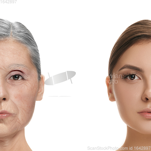 Image of Comparison. Portrait of beautiful woman with problem and clean skin, aging and youth concept, beauty treatment and lifting.