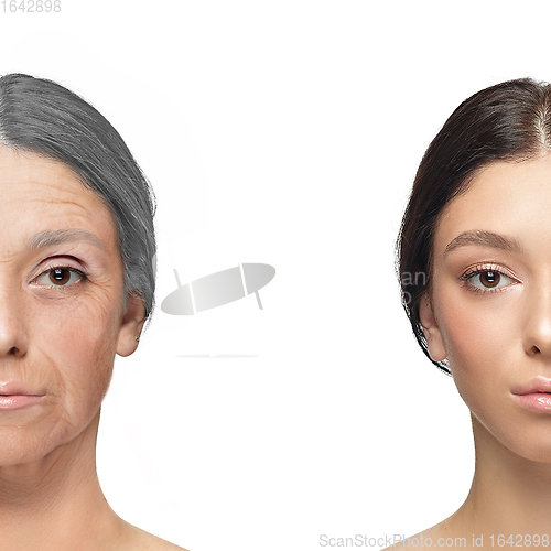 Image of Comparison. Portrait of beautiful woman with problem and clean skin, aging and youth concept, beauty treatment and lifting.