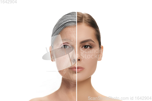 Image of Comparison. Portrait of beautiful woman with problem and clean skin, aging and youth concept, beauty treatment and lifting.