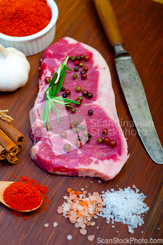 Image of raw uncooked  ribeye beef steak butcher selection