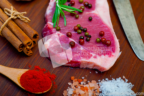 Image of raw uncooked  ribeye beef steak butcher selection