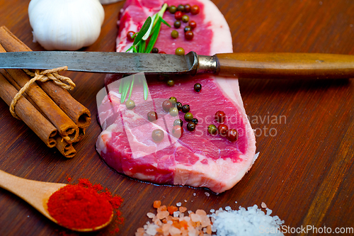 Image of raw uncooked  ribeye beef steak butcher selection