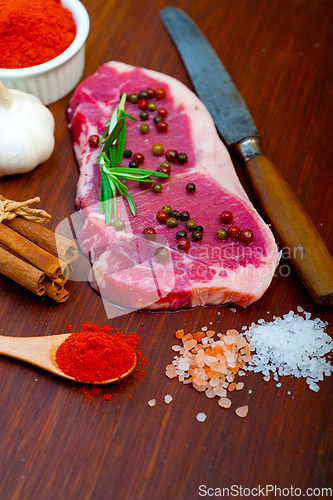 Image of raw uncooked  ribeye beef steak butcher selection