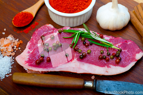 Image of raw uncooked  ribeye beef steak butcher selection