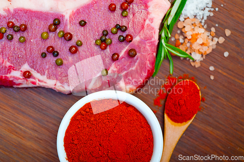 Image of raw uncooked  ribeye beef steak butcher selection