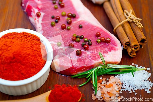 Image of raw uncooked  ribeye beef steak butcher selection