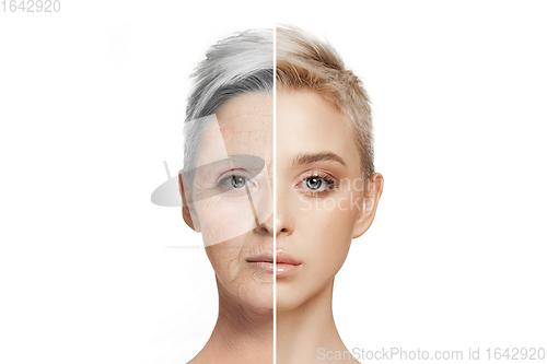 Image of Comparison. Portrait of beautiful woman with problem and clean skin, aging and youth concept, beauty treatment and lifting.