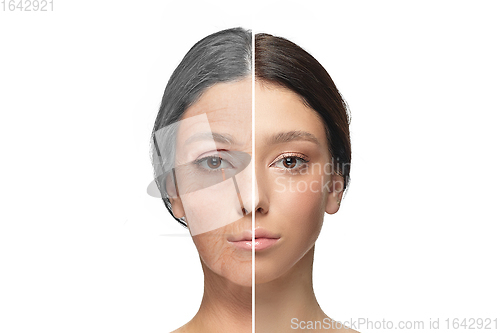 Image of Comparison. Portrait of beautiful woman with problem and clean skin, aging and youth concept, beauty treatment and lifting.