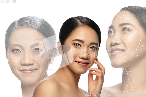 Image of Comparison. Portrait of beautiful woman with problem and clean skin, aging and youth concept, beauty treatment and lifting.