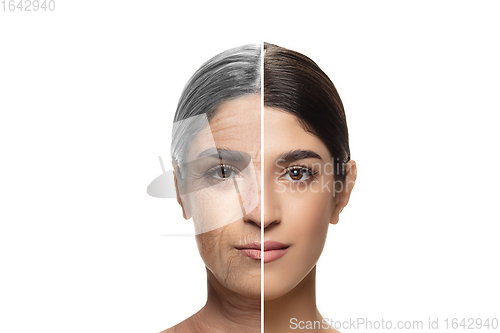 Image of Comparison. Portrait of beautiful woman with problem and clean skin, aging and youth concept, beauty treatment and lifting.