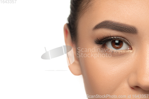 Image of Close up young woman\'s portrait isolated white background. Cosmetics and makeup, natural and eco treatment, skin care.