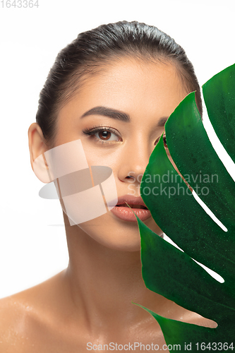 Image of Close up young woman\'s portrait with monstera leaf on white background. Cosmetics and makeup, natural and eco treatment, skin care.