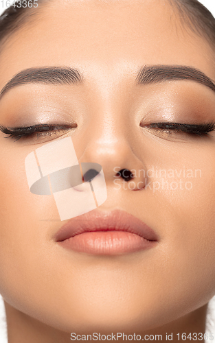 Image of Close up young woman\'s portrait isolated white background. Cosmetics and makeup, natural and eco treatment, skin care.