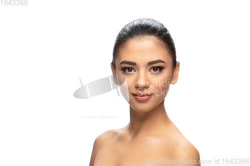 Image of Beautiful young woman\'s portrait isolated white background. Cosmetics and makeup, natural and eco treatment, skin care.