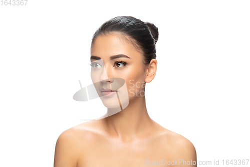 Image of Beautiful young woman\'s portrait isolated white background. Cosmetics and makeup, natural and eco treatment, skin care.