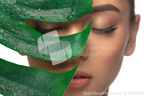 Image of Close up young woman\'s portrait with monstera leaf on white background. Cosmetics and makeup, natural and eco treatment, skin care.