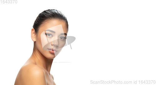 Image of Beautiful young woman\'s portrait isolated white background. Cosmetics and makeup, natural and eco treatment, skin care.