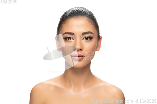 Image of Beautiful young woman\'s portrait isolated white background. Cosmetics and makeup, natural and eco treatment, skin care.