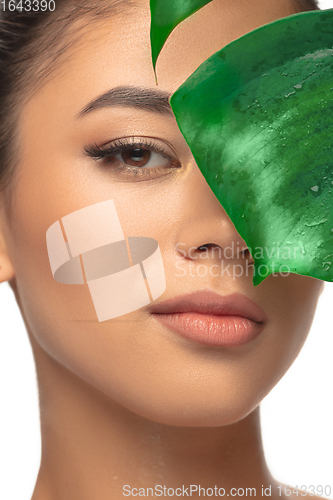 Image of Close up young woman\'s portrait with monstera leaf on white background. Cosmetics and makeup, natural and eco treatment, skin care.