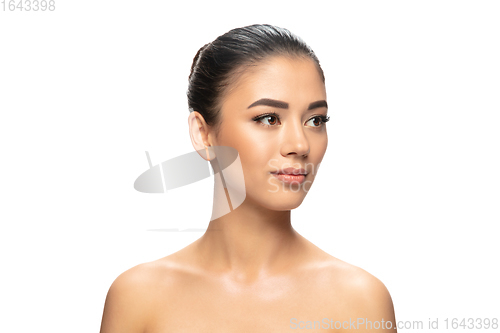 Image of Beautiful young woman\'s portrait isolated white background. Cosmetics and makeup, natural and eco treatment, skin care.