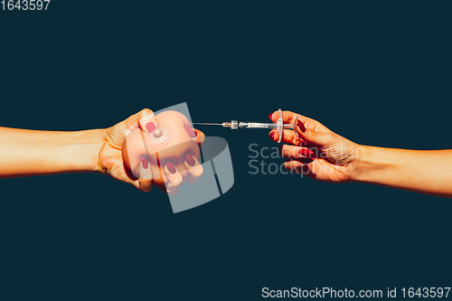 Image of Modern art collage in pop-art style. Hands isolated on trendy colored background with copyspace, contrast