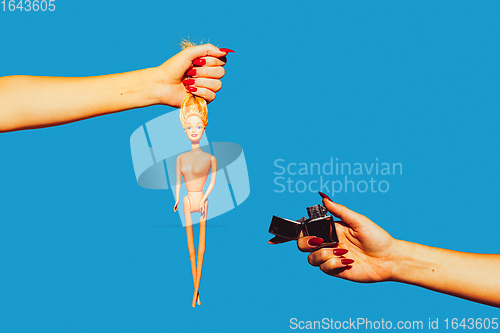 Image of Modern art collage in pop-art style. Hands isolated on trendy colored background with copyspace, contrast