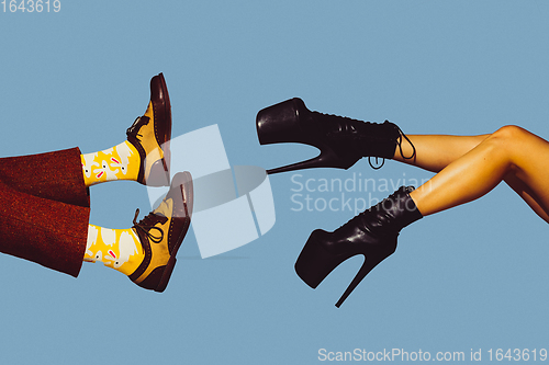 Image of Modern art collage in pop-art style. Hands isolated on trendy colored background with copyspace, contrast