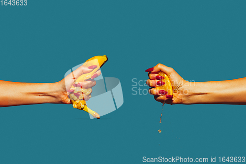 Image of Modern art collage in pop-art style. Hands isolated on trendy colored background with copyspace, contrast