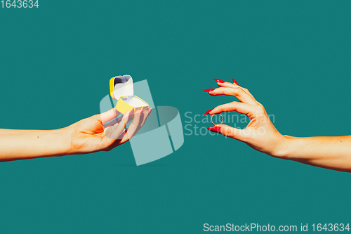 Image of Modern art collage in pop-art style. Hands isolated on trendy colored background with copyspace, contrast