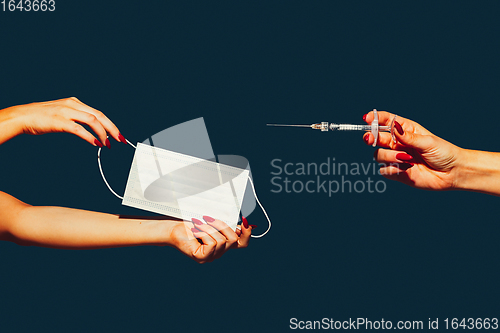 Image of Modern art collage in pop-art style. Hands isolated on trendy colored background with copyspace, contrast