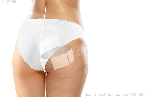 Image of Overweight woman with fat cellulite legs and buttocks, obesity female body in white underwear comparing with fit and thin body isolated on white background