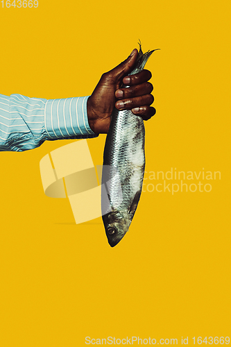 Image of Modern art collage in pop-art style. Hands isolated on trendy colored background with copyspace, contrast