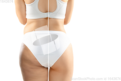 Image of Overweight woman with fat cellulite legs and buttocks, obesity female body in white underwear comparing with fit and thin body isolated on white background