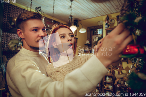 Image of Smiling family, couple looking for home decoration and holiday\'s gifts in household store