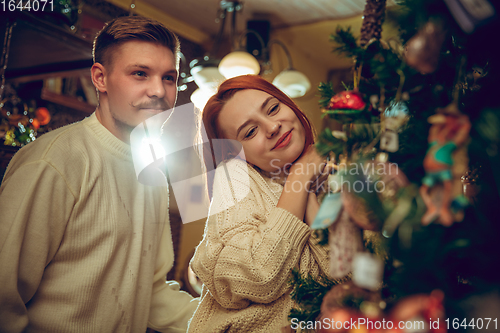 Image of Smiling family, couple looking for home decoration and holiday\'s gifts in household store