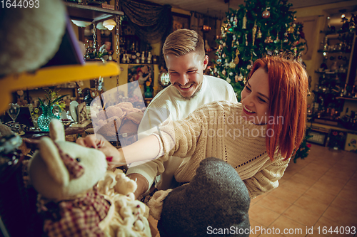 Image of Smiling family, couple looking for home decoration and holiday\'s gifts in household store