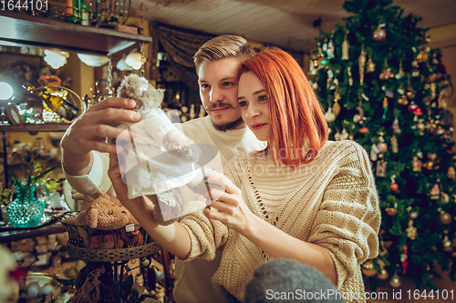 Image of Smiling family, couple looking for home decoration and holiday\'s gifts in household store