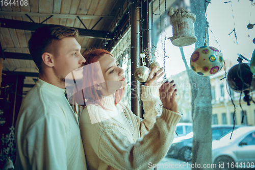 Image of Smiling family, couple looking for home decoration and holiday\'s gifts in household store