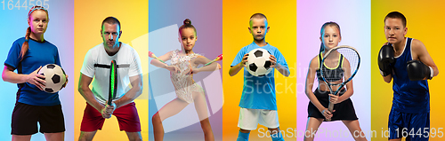 Image of Collage of young professional sportsmen in neon light in action and motion, vertical