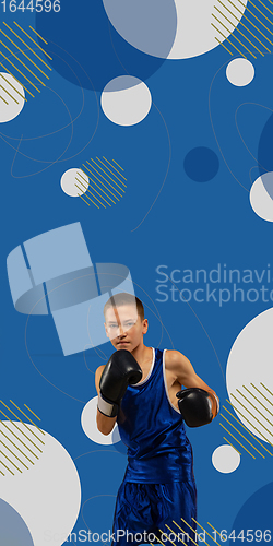 Image of MMA. The professional boxer boxing isolated on blue studio background with geometric design, vertical flyer