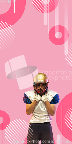 Image of American football player isolated on pink geometric styled studio background, vertical flyer