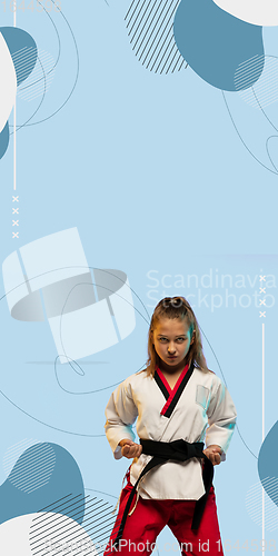 Image of Karate, taekwondo girl with black belt isolated on blue background with geometric design, vertical flyer