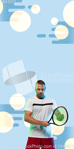 Image of Man playing tennis isolated on blue geometric styled studio background in neon light, vertical flyer