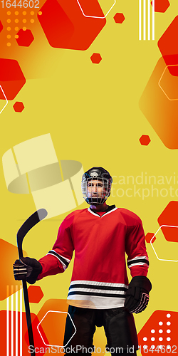 Image of Male hockey player with the stick on orange-red geometric styled background, vertical flyer.