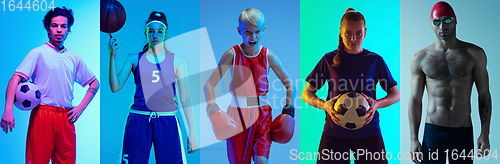 Image of Collage of young professional sportsmen in neon light in action and motion, vertical