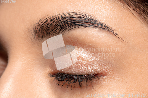 Image of Close up portrait of beautiful jewish woman isolated on studio background. Beauty, fashion, skincare, cosmetics concept. Details.