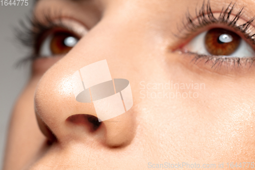 Image of Close up portrait of beautiful jewish woman isolated on studio background. Beauty, fashion, skincare, cosmetics concept. Details.